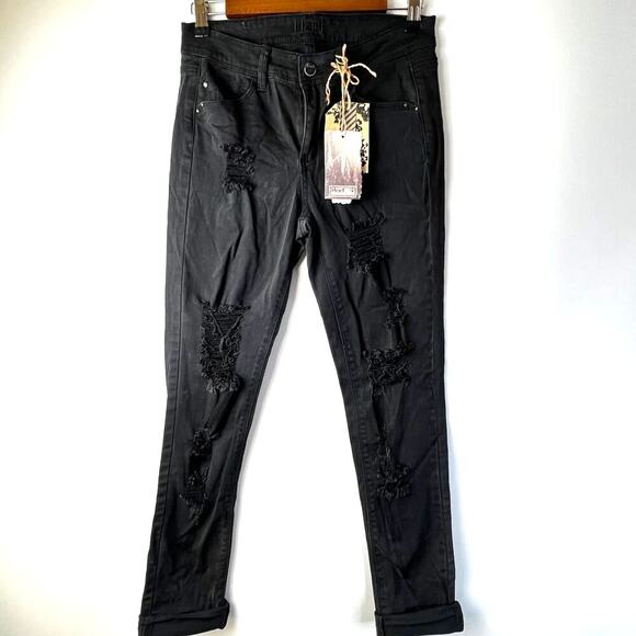 Hart Denim The Bandit Destroyed BF Cuff Distressed Black Jeans Size 25 - Picture 1 of 7